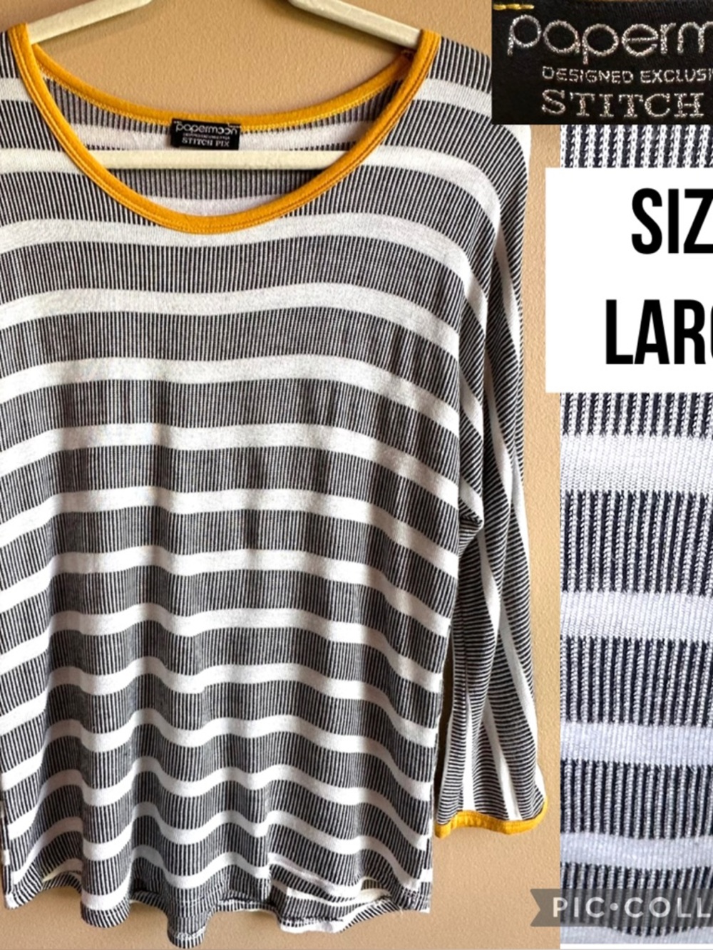 Papermoon Womens Sweater Black White Striped 3/4 Sleeve Yellow Trim Soft Thin L